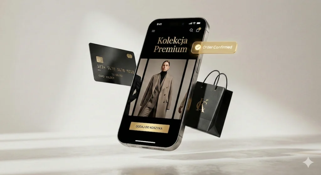 Wizualizacja nowoczesnego sklepu internetowego na iPhone z lewitującą kartą płatniczą i napisem Kolekcja Premium.