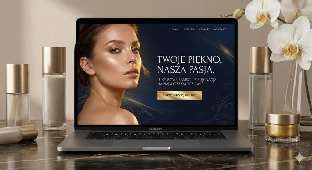 Nowoczesny projekt strony WWW dla salonu kosmetycznego na ekranie laptopa, ciemna stylistyka ze złotymi detalami