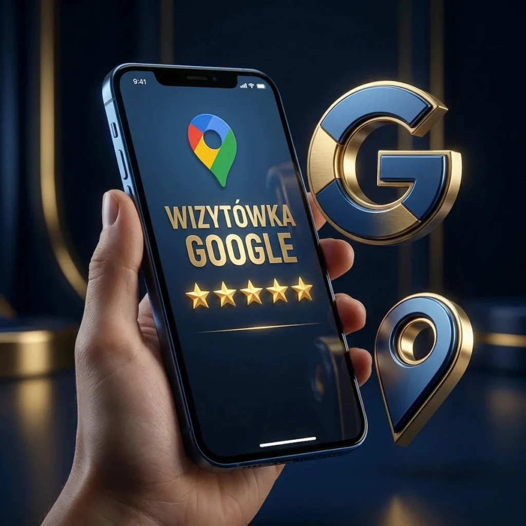 Wizualizacja luksusowej wizytówki Google na ekranie smartfona ze złotymi gwiazdkami i elementami 3D Google.